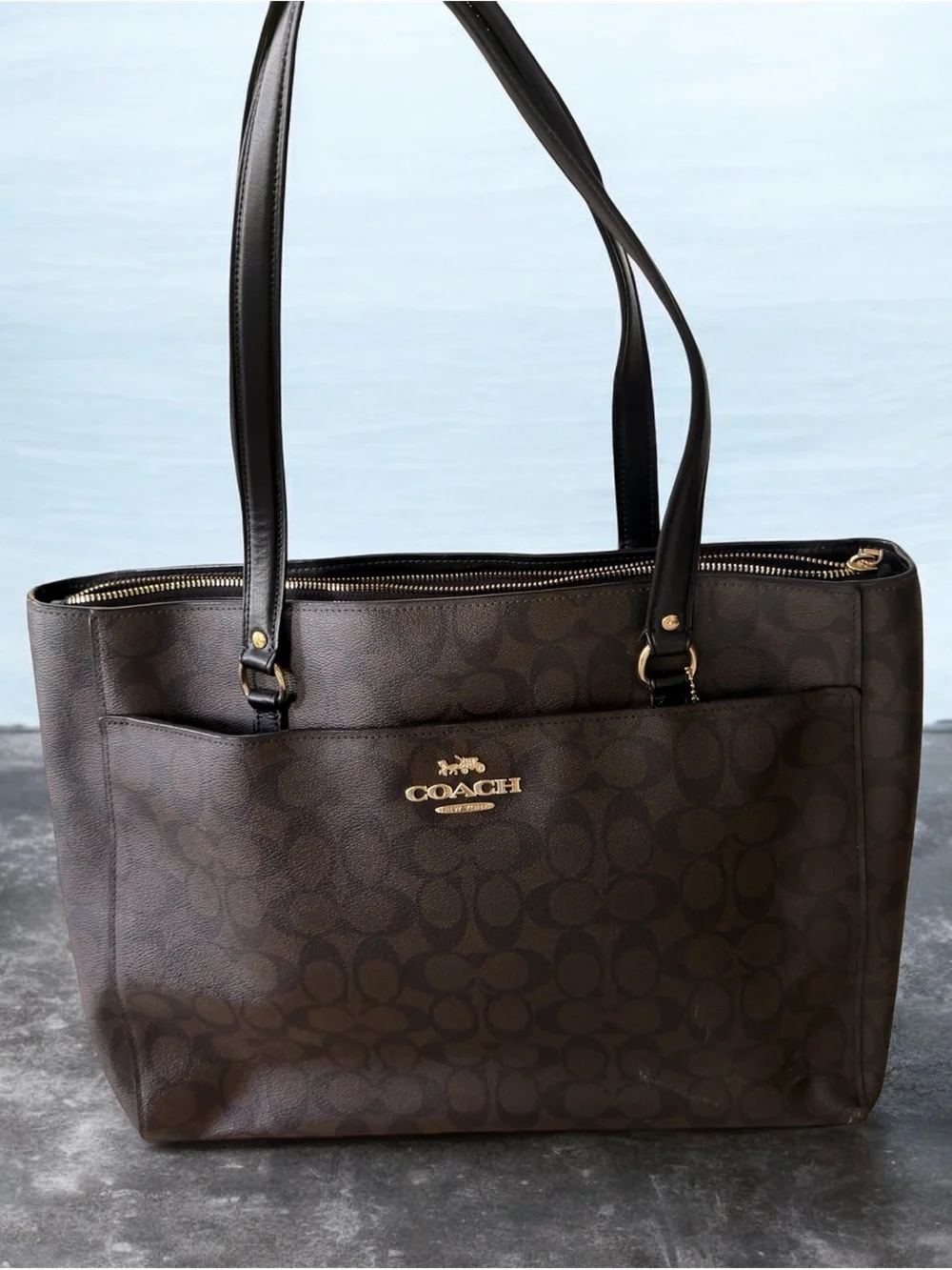 Coach Dark Brown Signature Canvas Tote with Gold Hardware